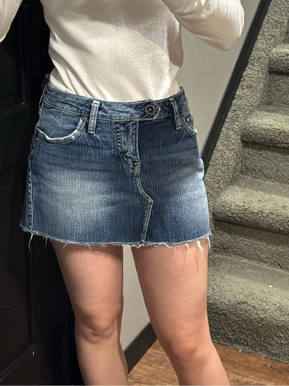 Silver Jeans Distressed Denim Mini Skirt in Medium Blue